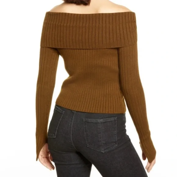 Lulu's Off-the-Shoulder Ribbed Sweater in Brown - Picture 2 of 7